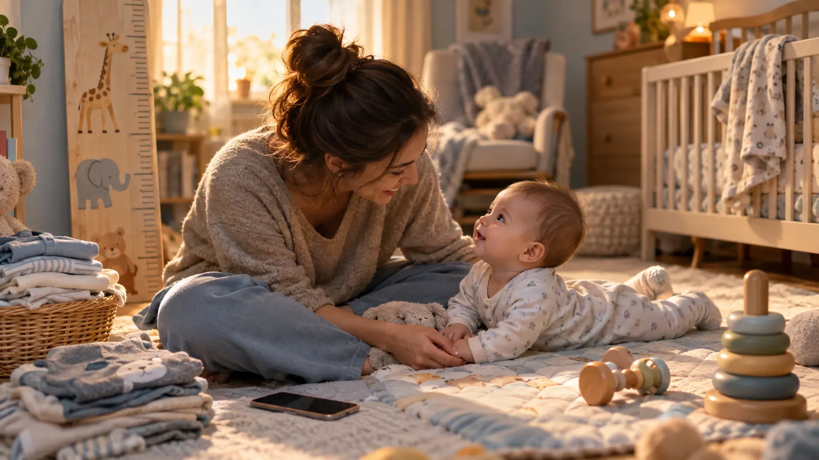 A parent plays with an alert growing baby on a nursery floor beside larger clothes and a phone