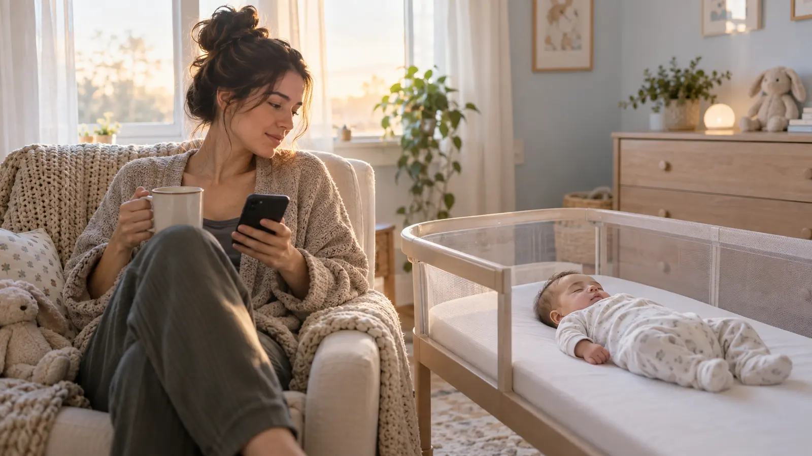 A parent checks a phone while sitting beside a baby sleeping safely in a clear bassinet