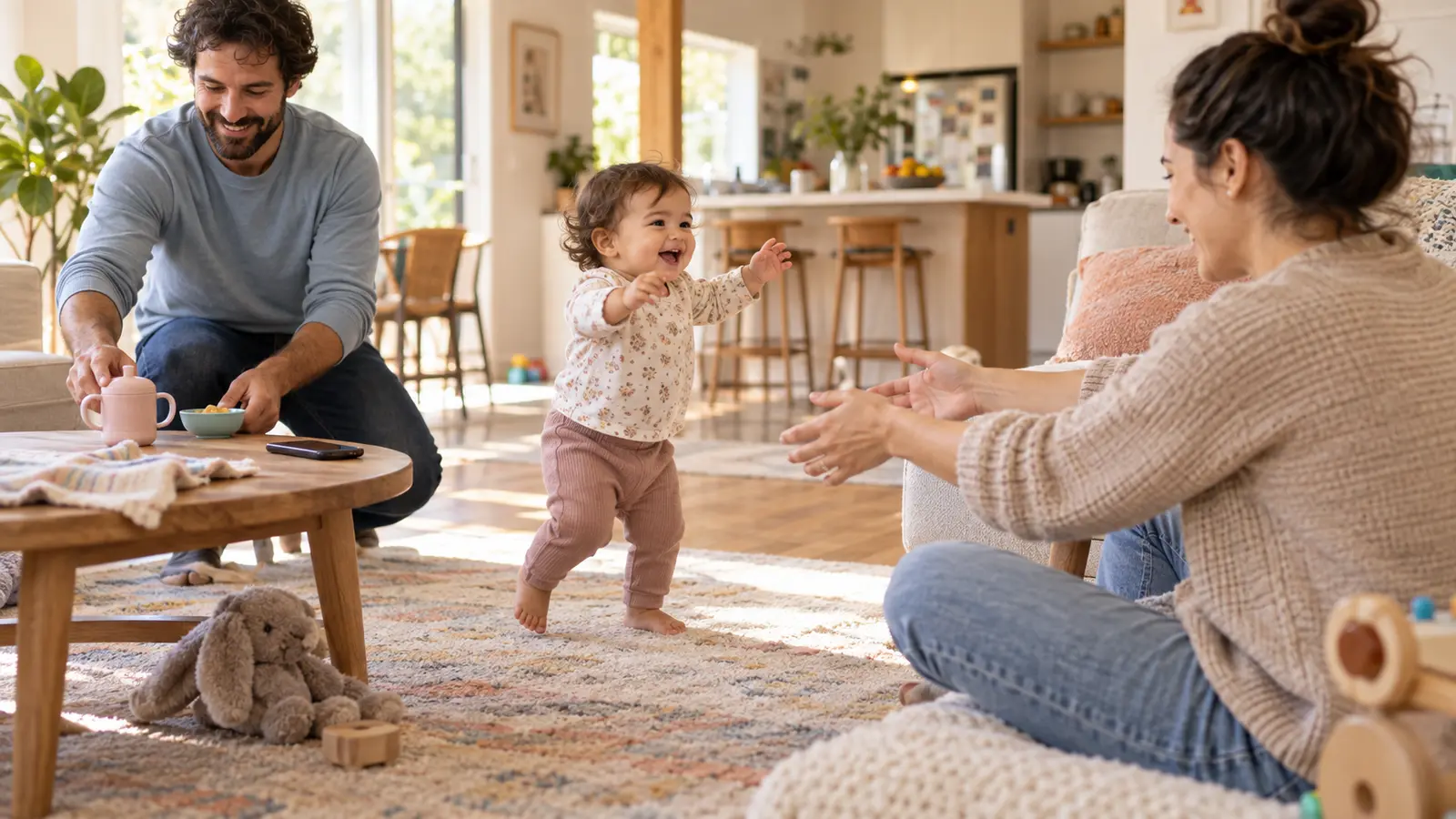 A toddler walks between two smiling parents in a bright family living room