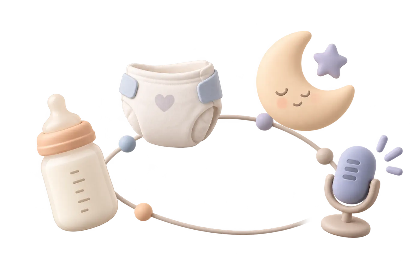 Baby bottle, diaper, sleep, and voice logging symbols connected in one timeline