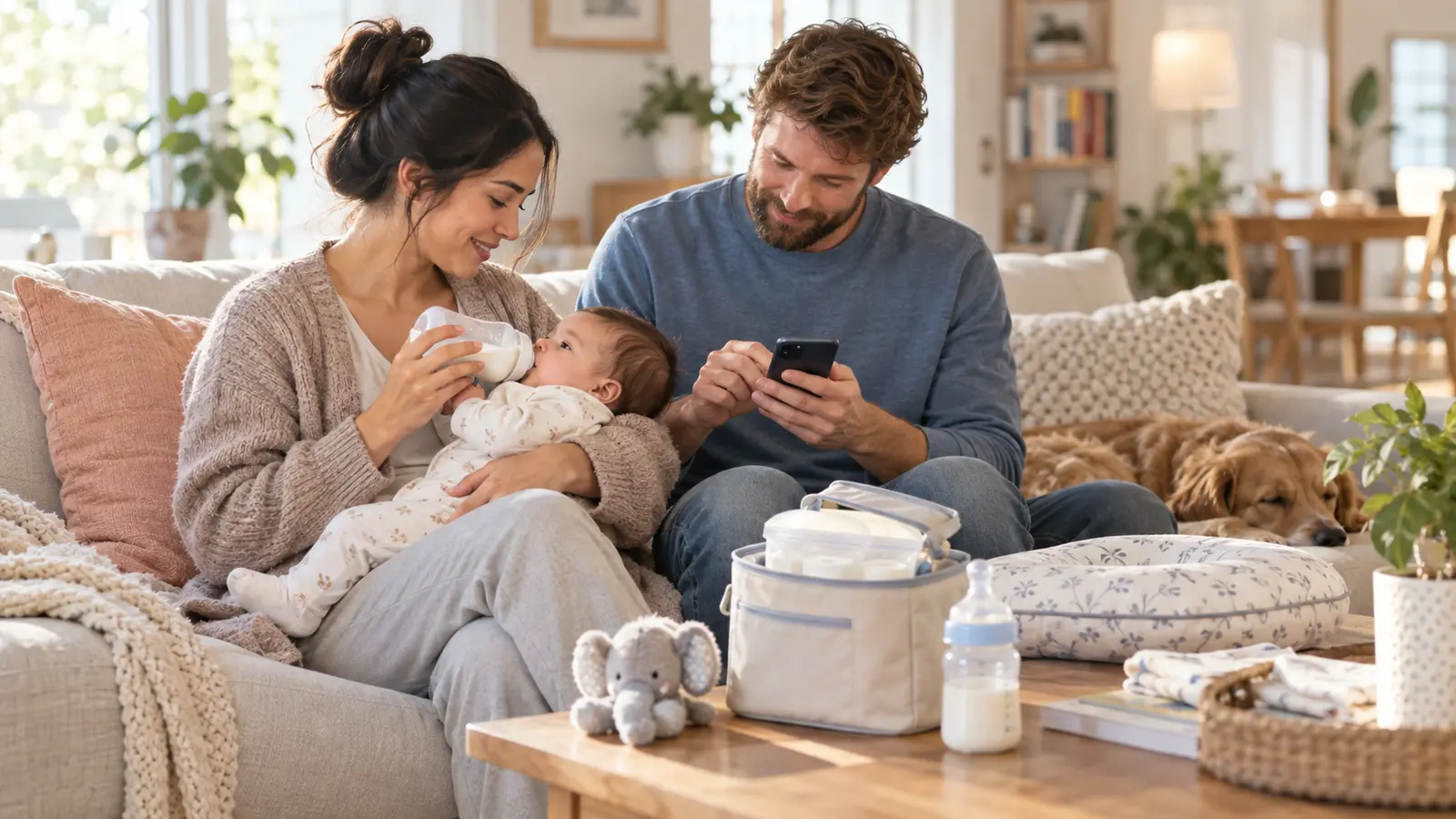 Parents coordinate a bottle feed and record it together in a bright family living room