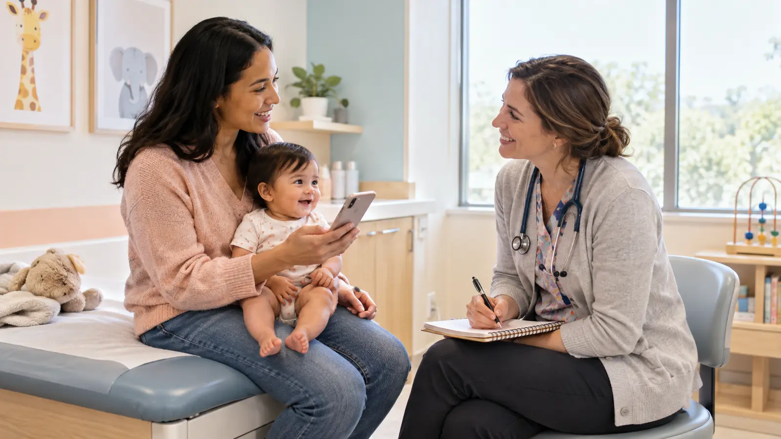 A parent uses a phone while discussing a happy baby with a pediatric clinician