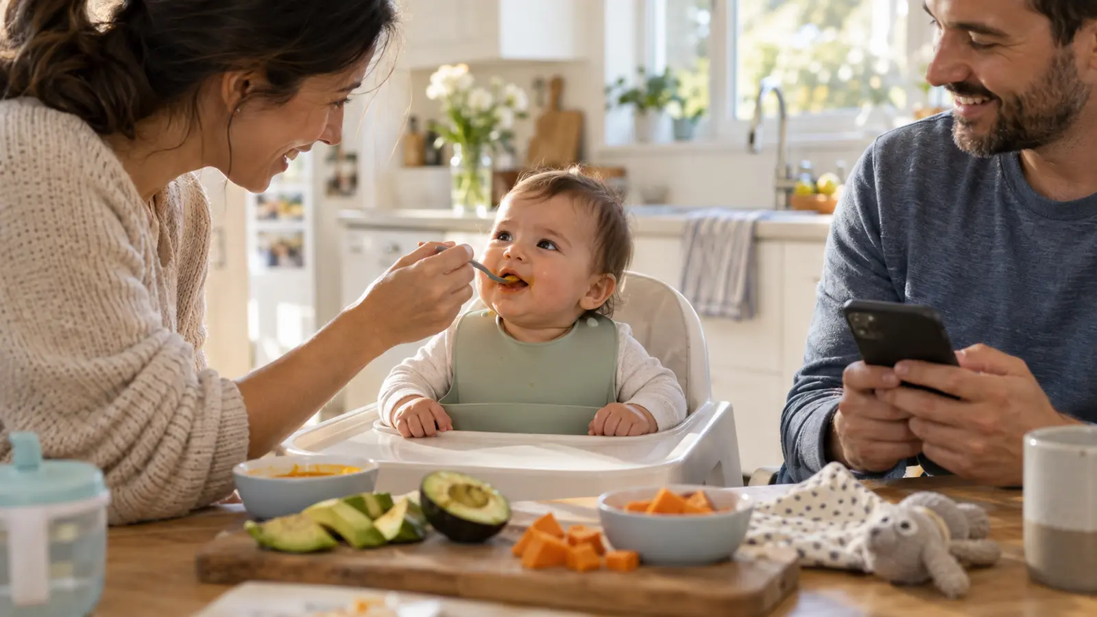 Parents offer a baby a small spoonful of soft food and record the meal on a phone