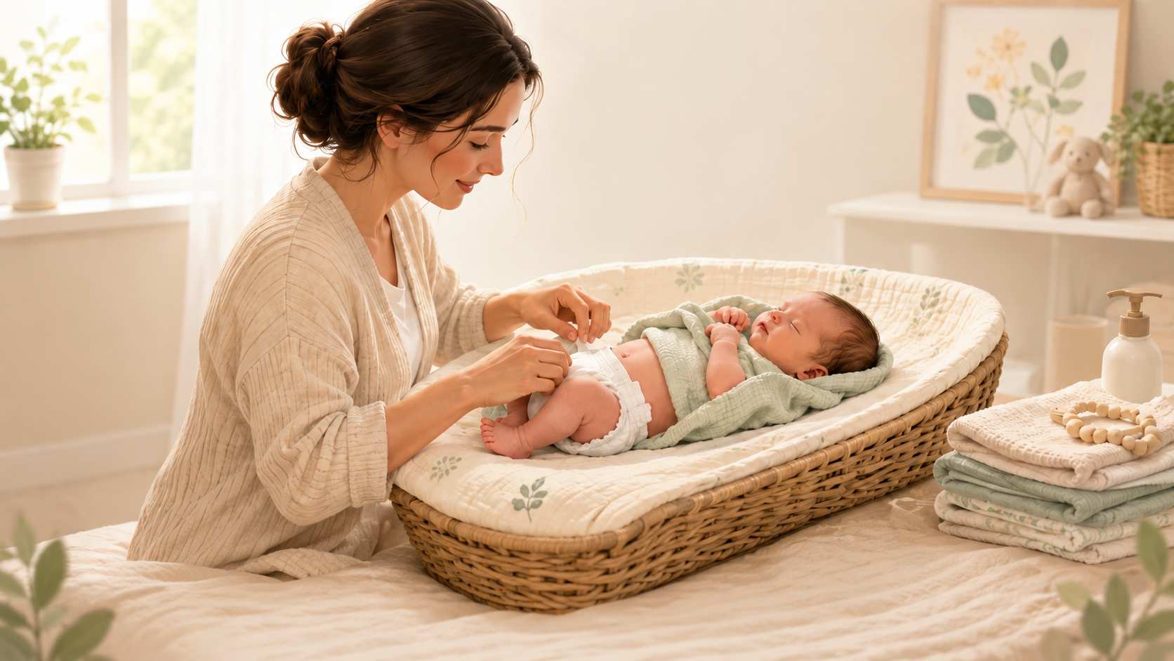 Parent gently changing a newborn's diaper in a warm nursery