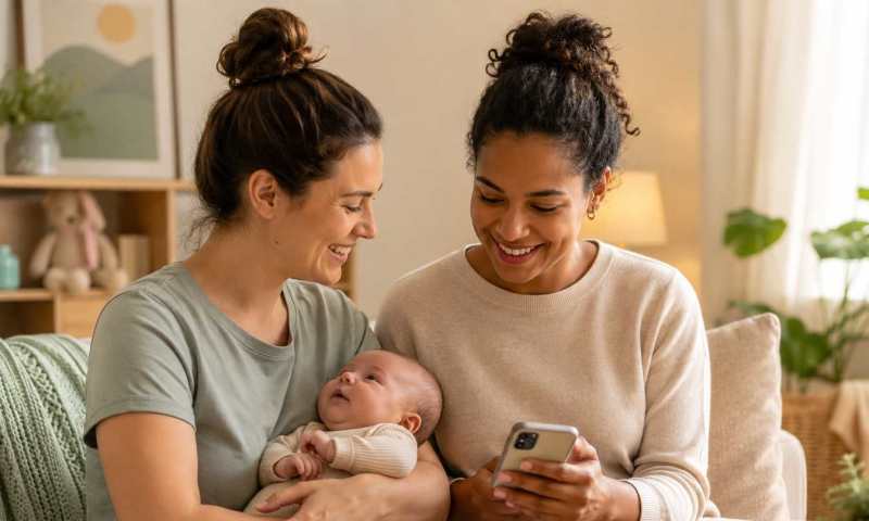 A smiling mother holding a baby in a striped wrap carrier stands in a bright, modern kitchen next to her partner, who is writing on a dry-erase "Calm Routine Tracker" board attached to the refrigerator