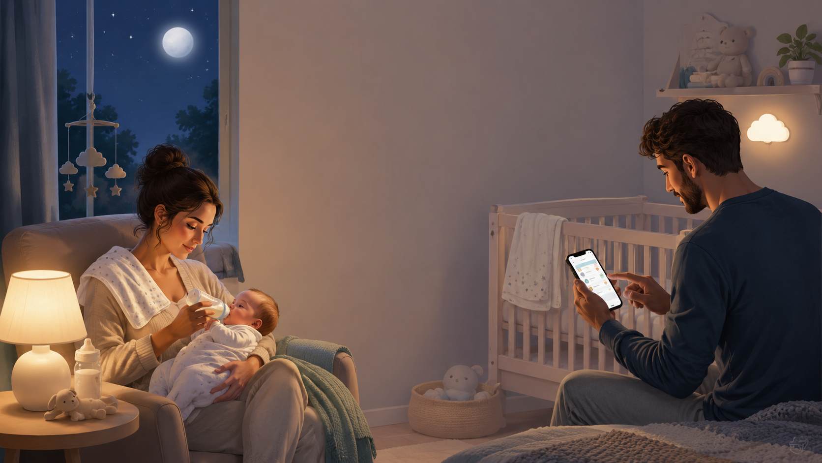 Parents share a quiet night feeding routine while tracking their baby's care in a cozy nursery