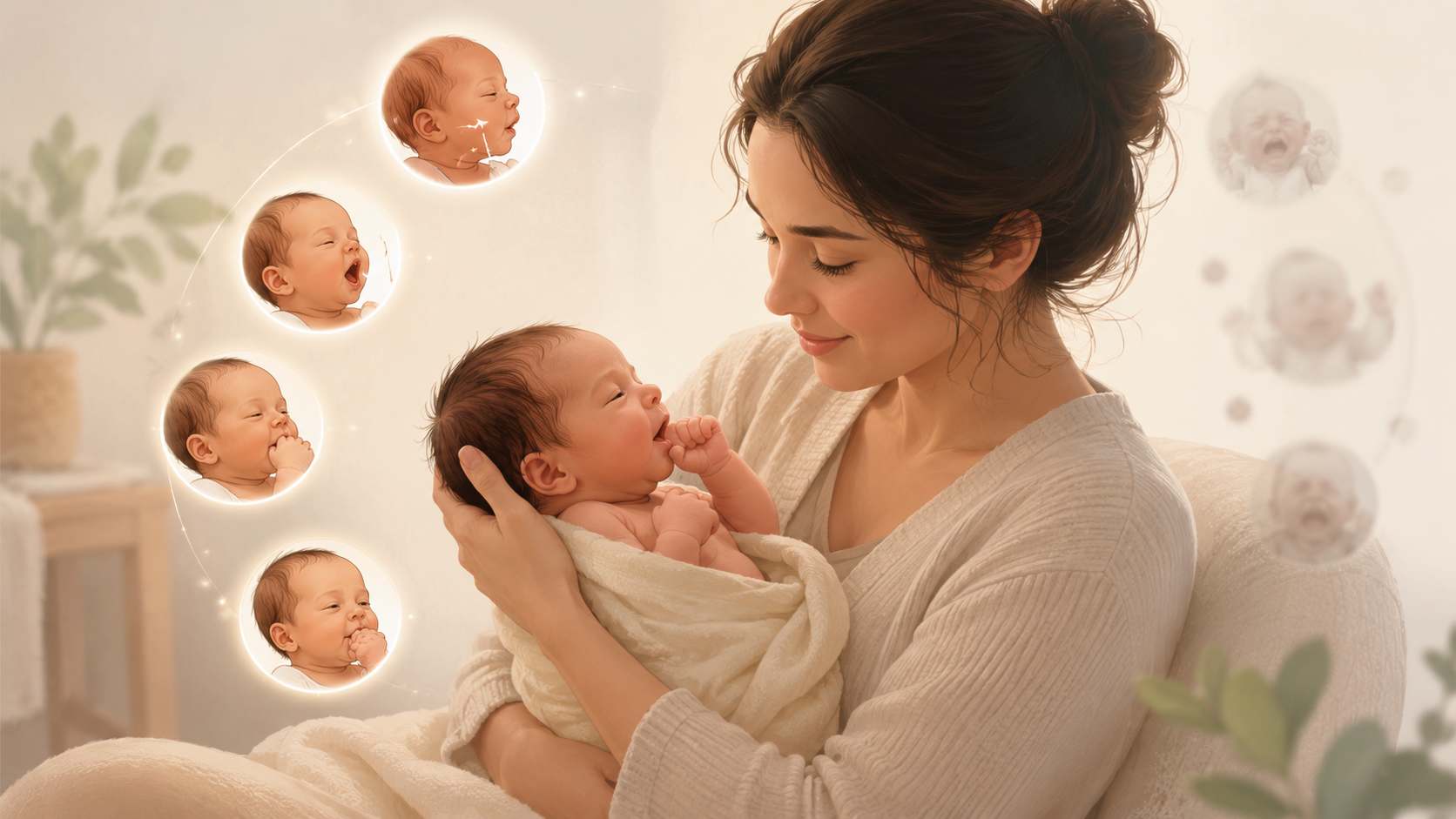 Parent holding newborn, with soft cue bubbles showing early feeding signs