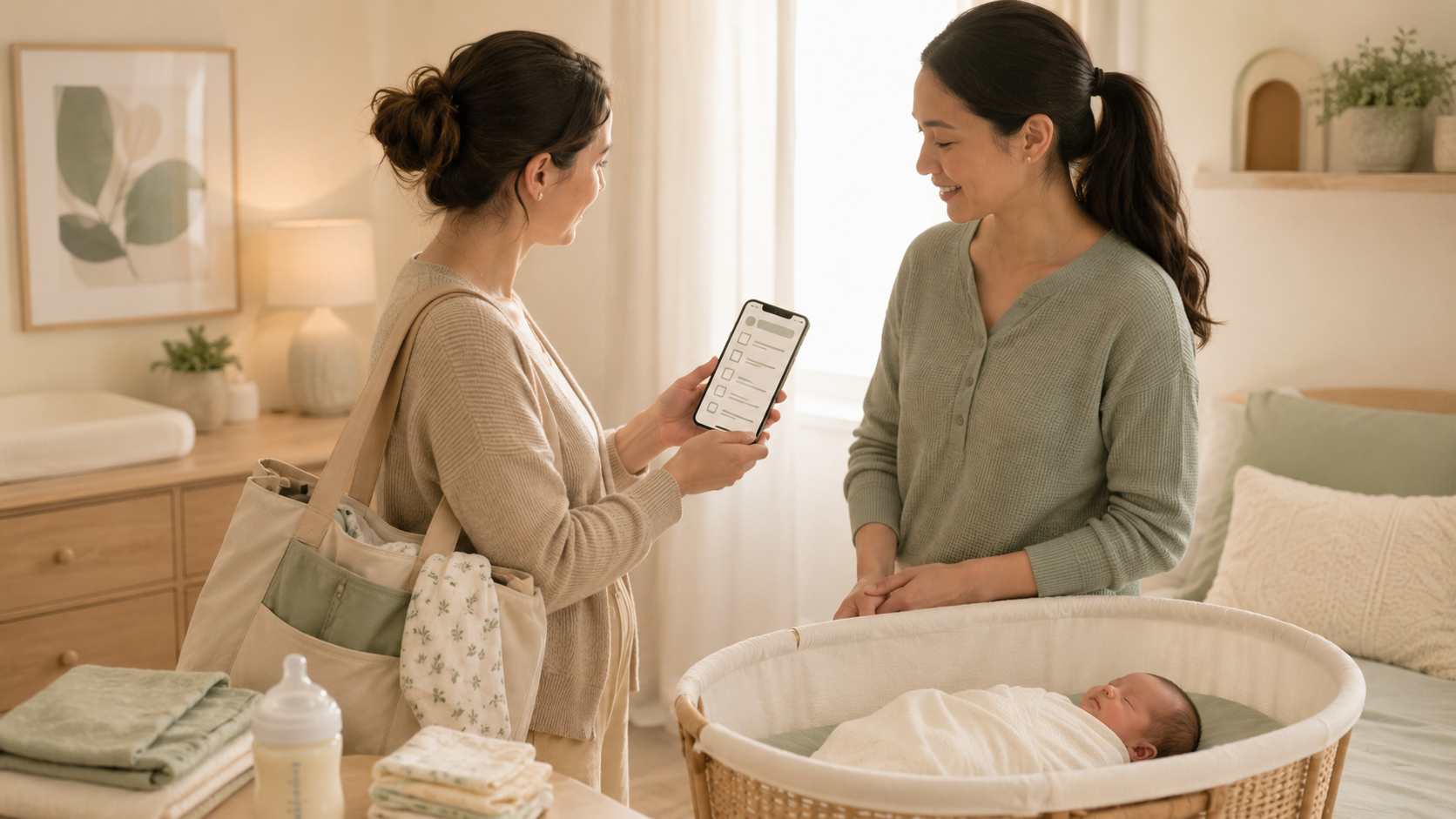 Two caregivers review a baby care checklist during a calm nursery handoff